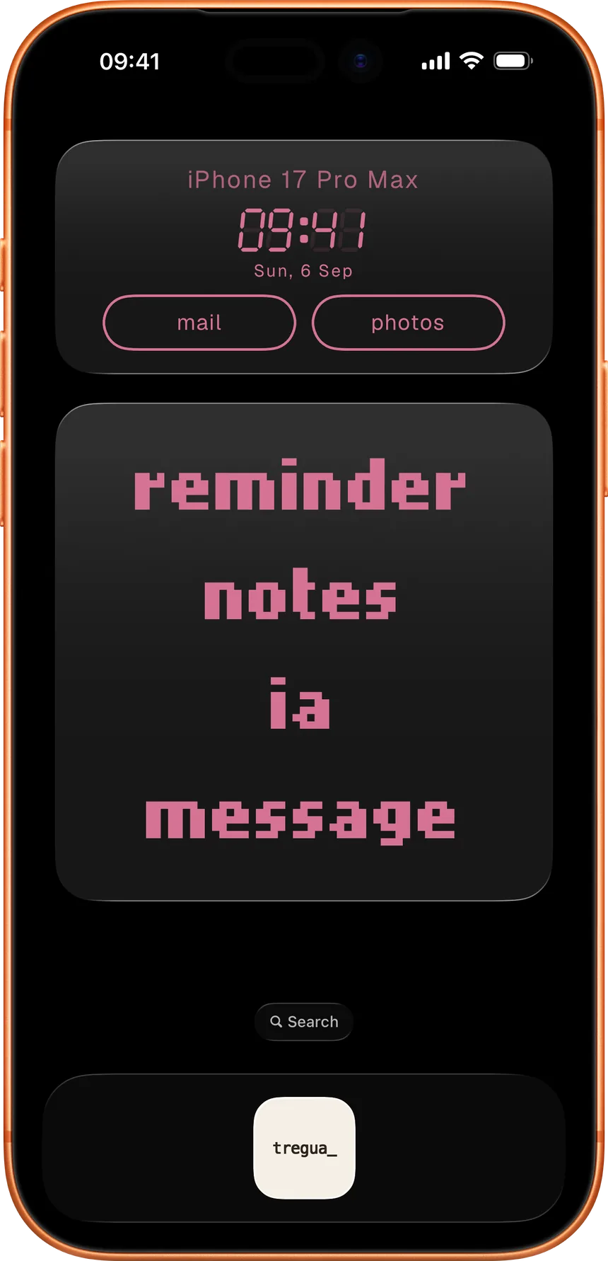 The tregua launcher widget — a monospaced list of app names on the home screen